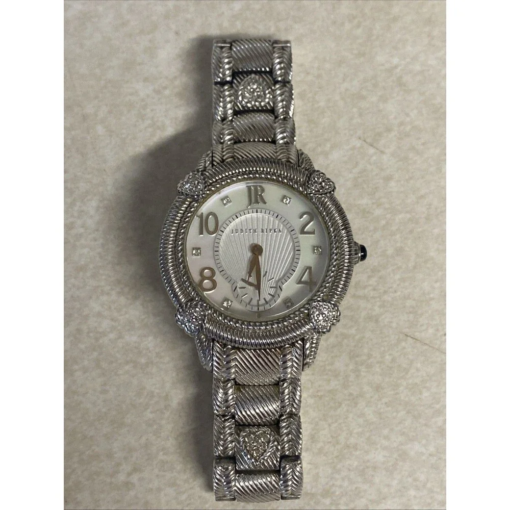 Judith Ripka 925 Sterling Silver Watch Swiss Movement MOP Dial Crystal Bracelet